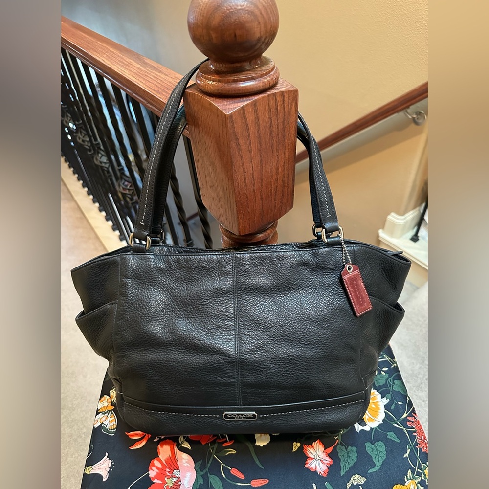 Coach Black Pebbled Leather Tote with Burgundy Tag